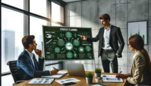 An IT Professional in a corporate board room providing consultancy advice to a medium-sized business owner